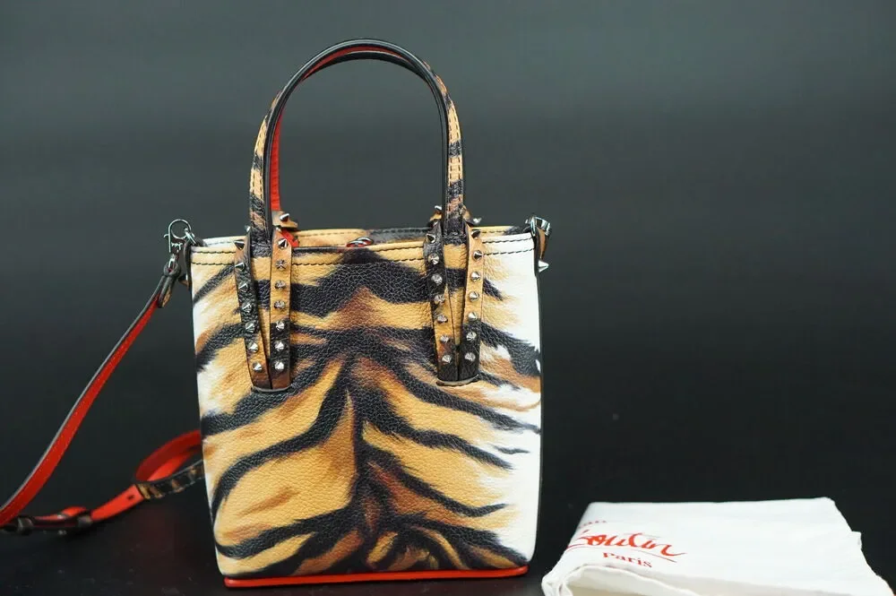 Christian Louboutin Mini Cabata Tiger Print Leather Tote Bag Brown Red NWT $950